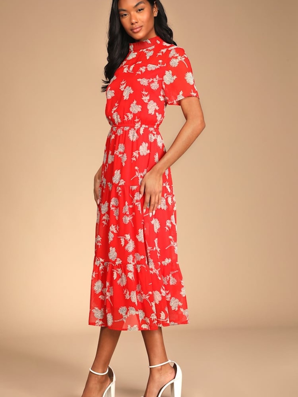 Lulus Floral Dressed Up Red Floral Print Midi Dress